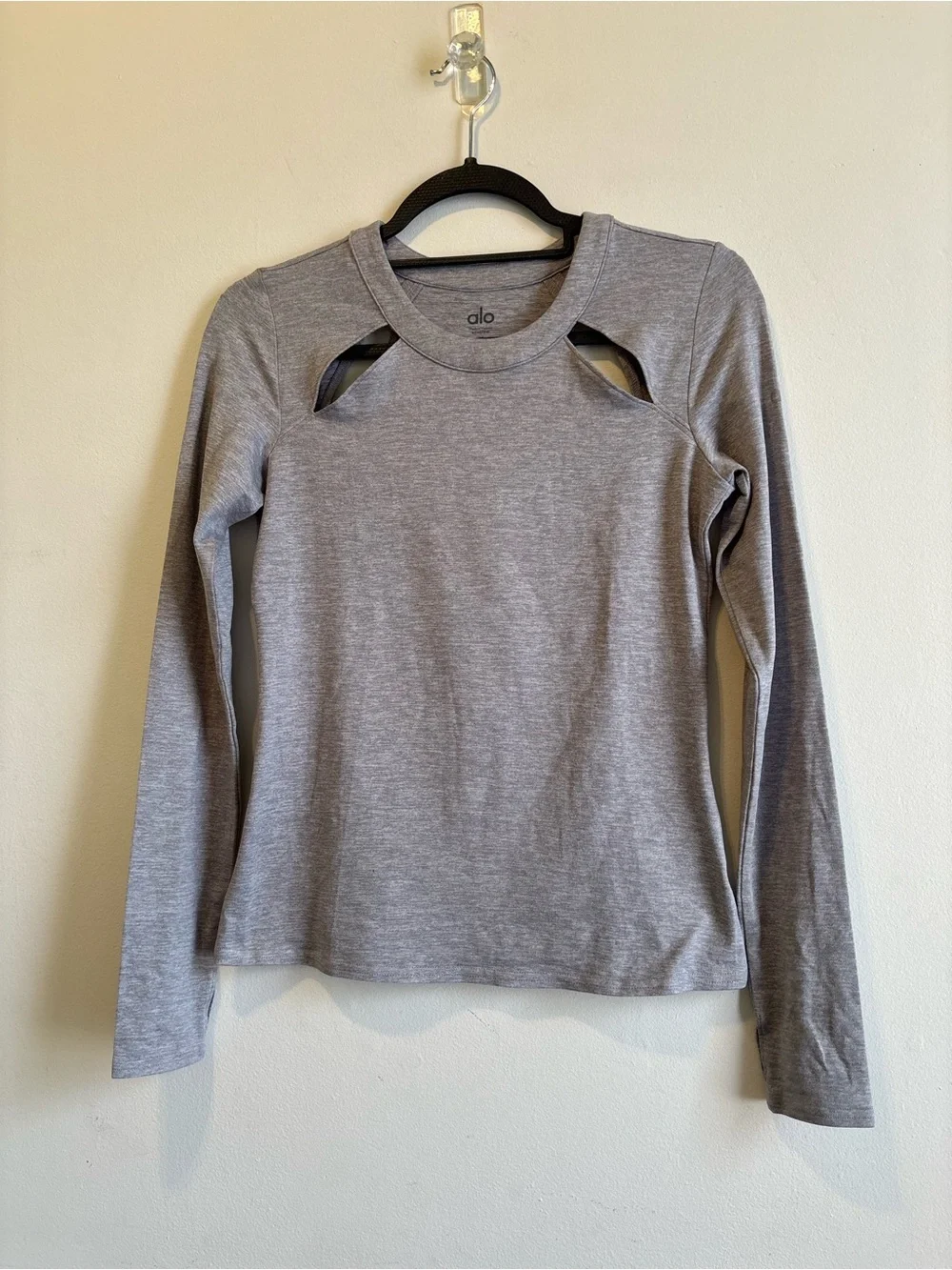 ALO Yoga Gray Long Sleeve Top with Shoulder Cutouts
